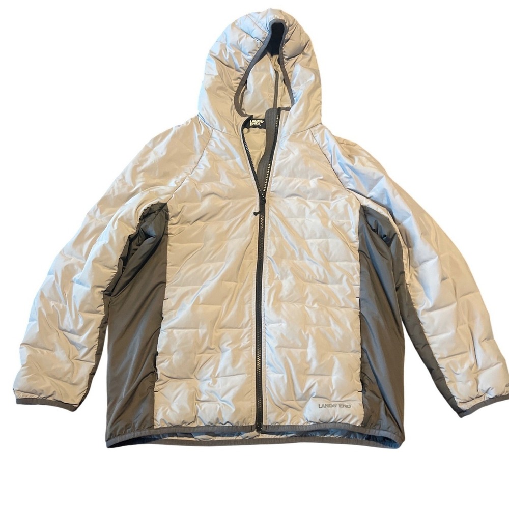 Lands End Lightweight Insulated‎ Hooded Jacket Puffer Coat M P 10 12 Gray
